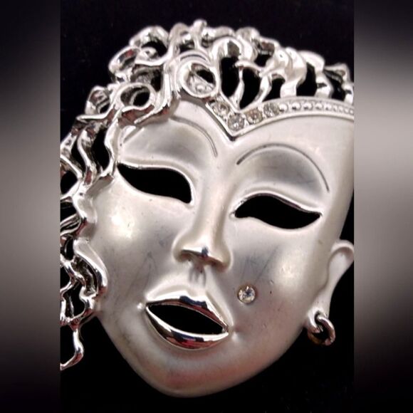 Silver Masquerade Mask Brooch Pendant Jewelry Vintage - Picture 5 of 8